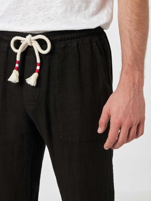Pre-owned Mc2 Saint Barth Man Black Linen Calais Pants With Drawstring