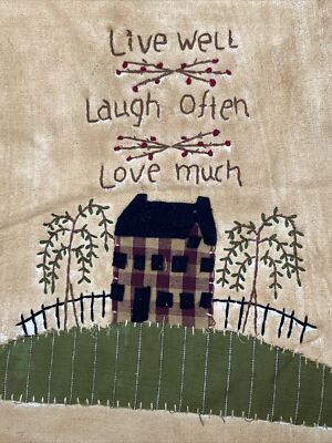 Quilt Block Hand Embroidered Live Well Laugh Often Love Much Home Tea Stained