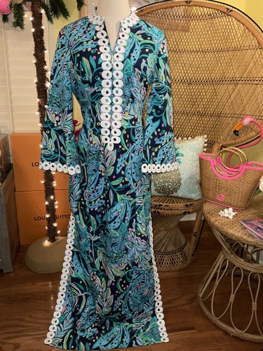 Pre-owned Lilly Pulitzer Shealyn Maxi Caftan Catty Purrsonality Size 14 In Multicolor