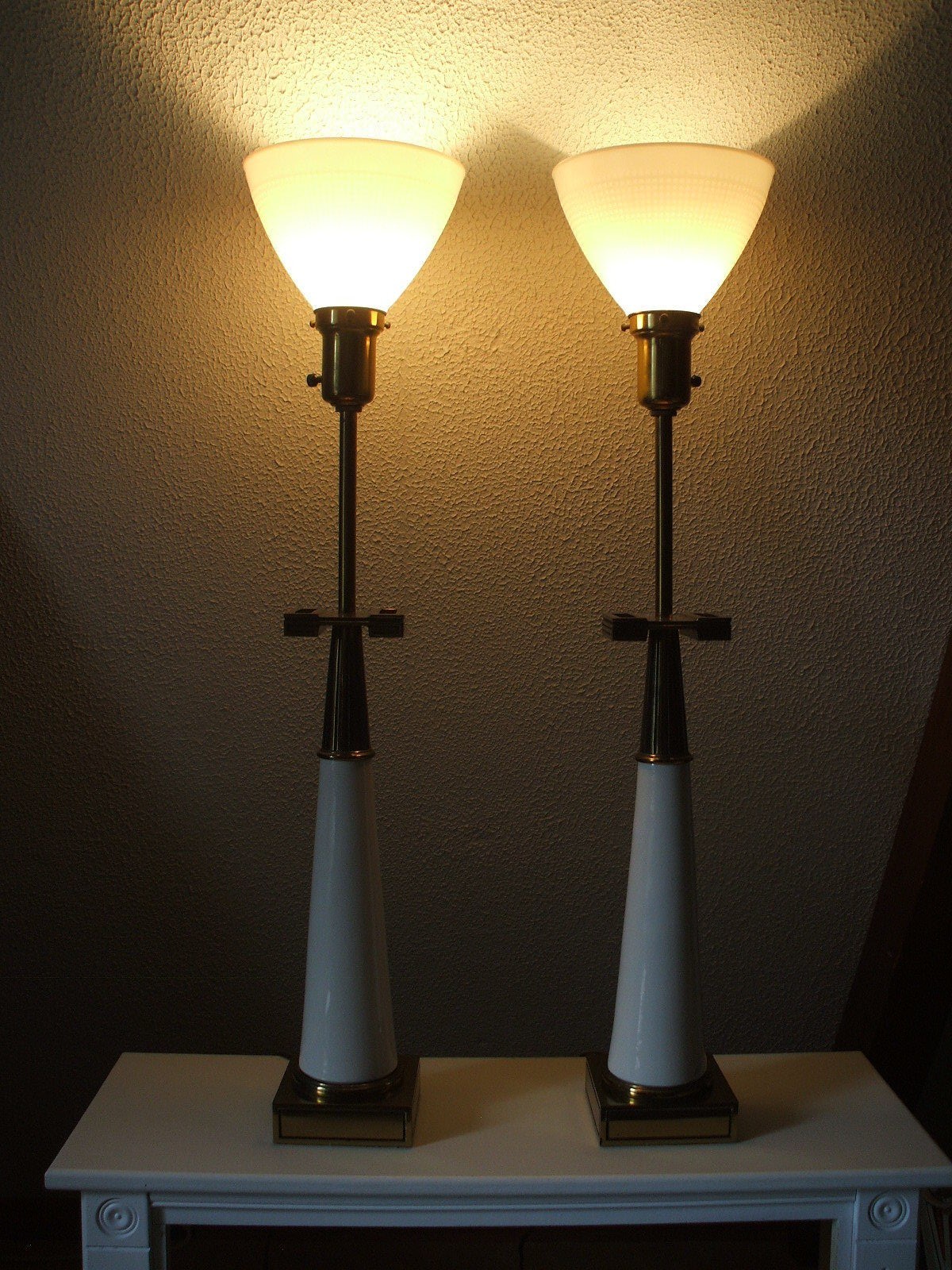 Pr. Stiffel Tommi Parzinger Lamps White Ceramic/  Brass Greek Key MCM
