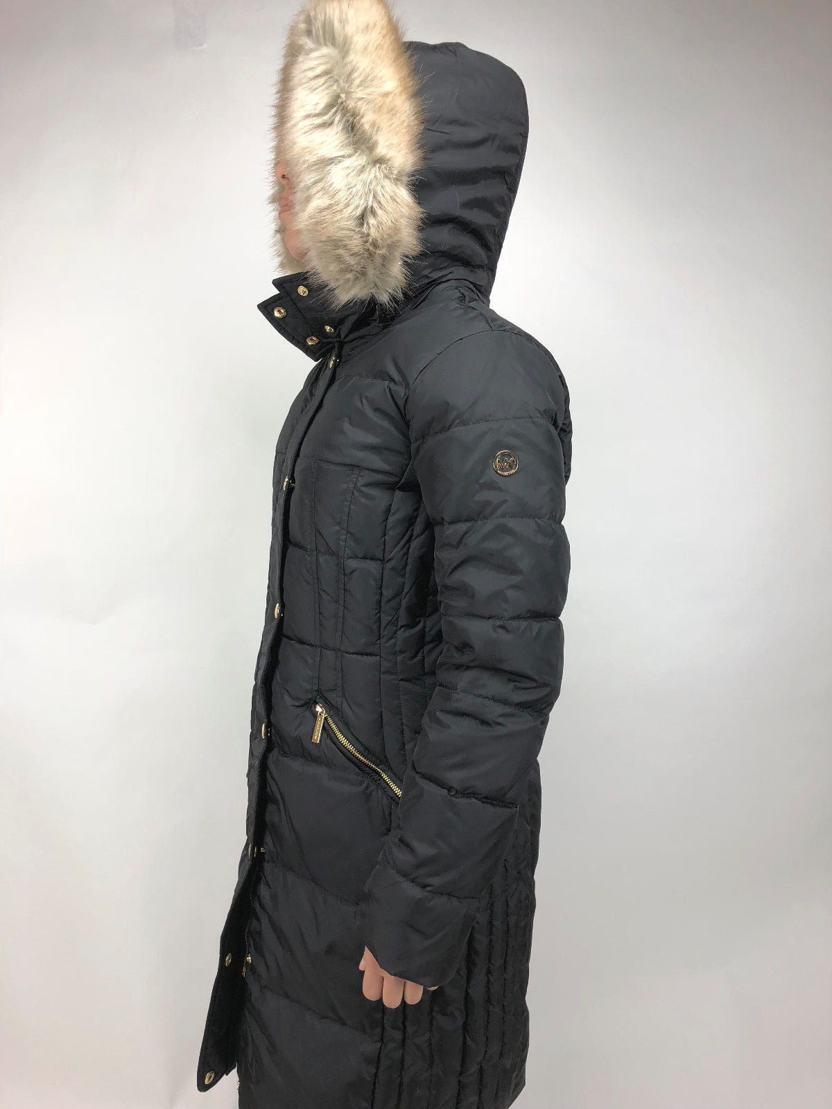 Pre-owned Michael Kors Womens  Down Puffer Jacket Bubble Coat Black Gold Faux Fur Trim Hood