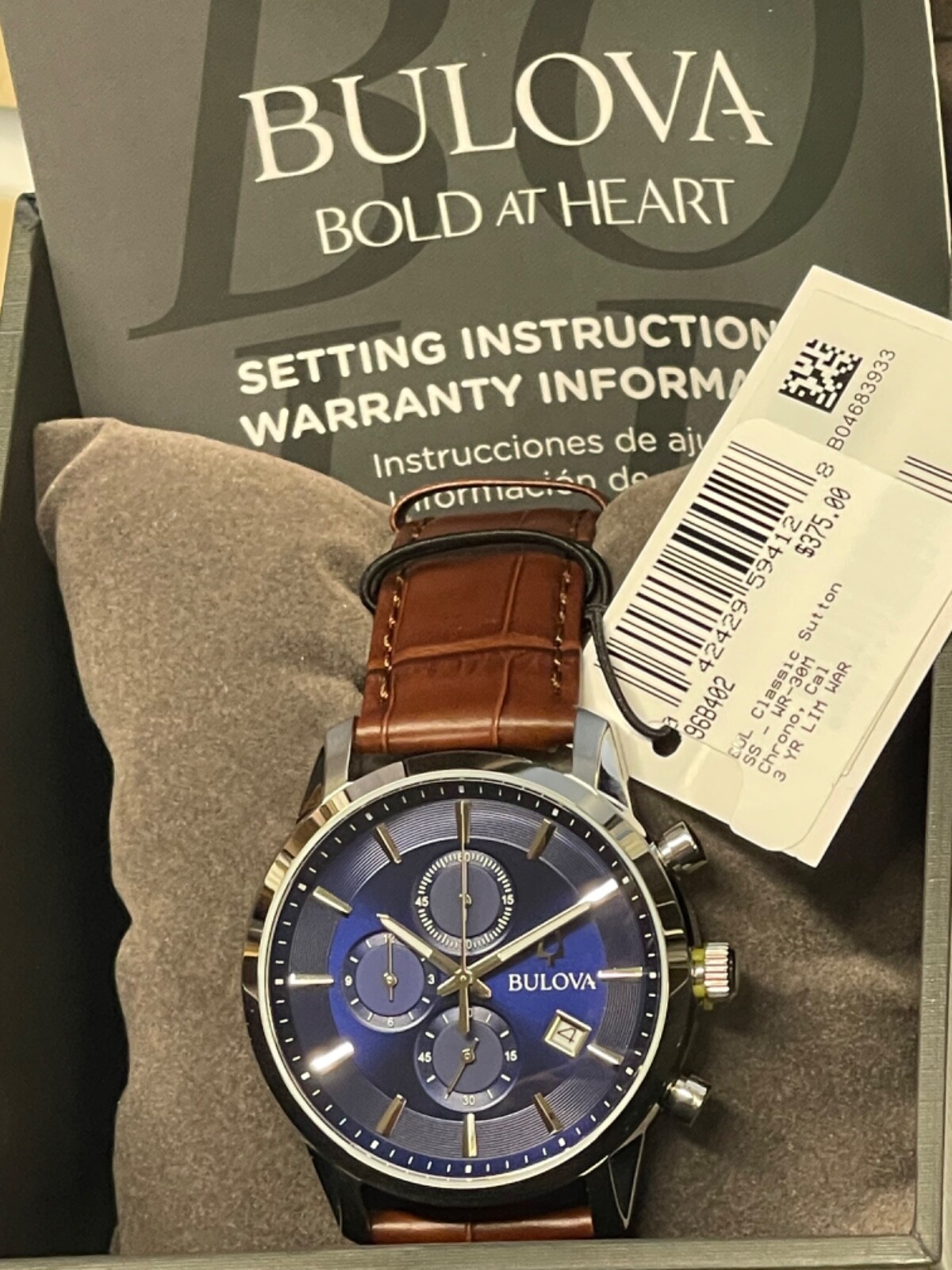 Pre-owned Bulova Sutton Mens Chronograph Blue Dial Stainless Steel Quartz Watch 96b402