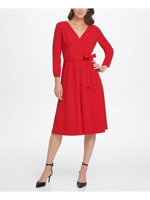 

DKNY Женское красное платье с поясом и манжетами, V-образный вырез ниже колена + расклешенное платье, Красный