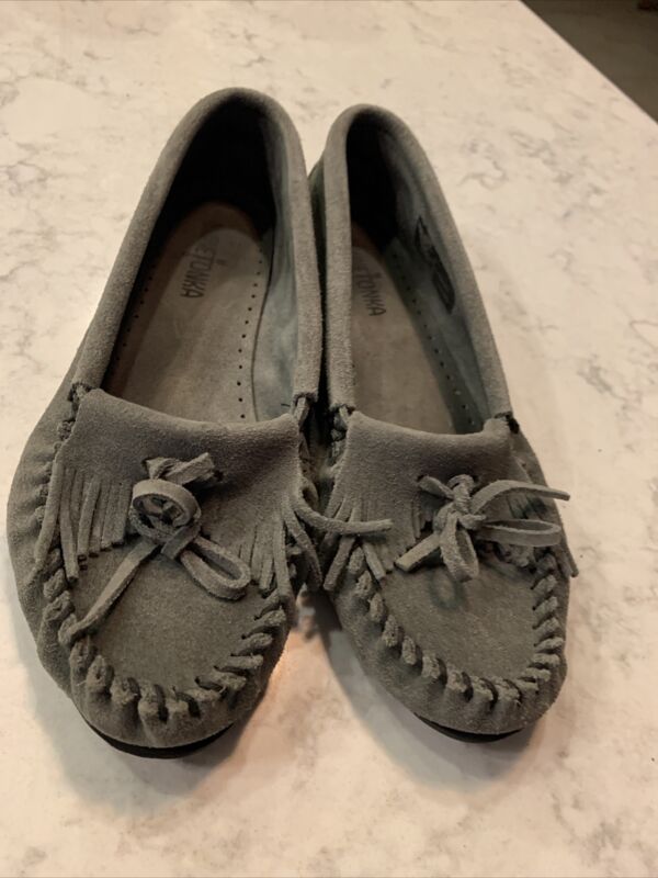 Minnetonka Womens 409 Size 20 Gray Suede Moccasins Flats Shoes