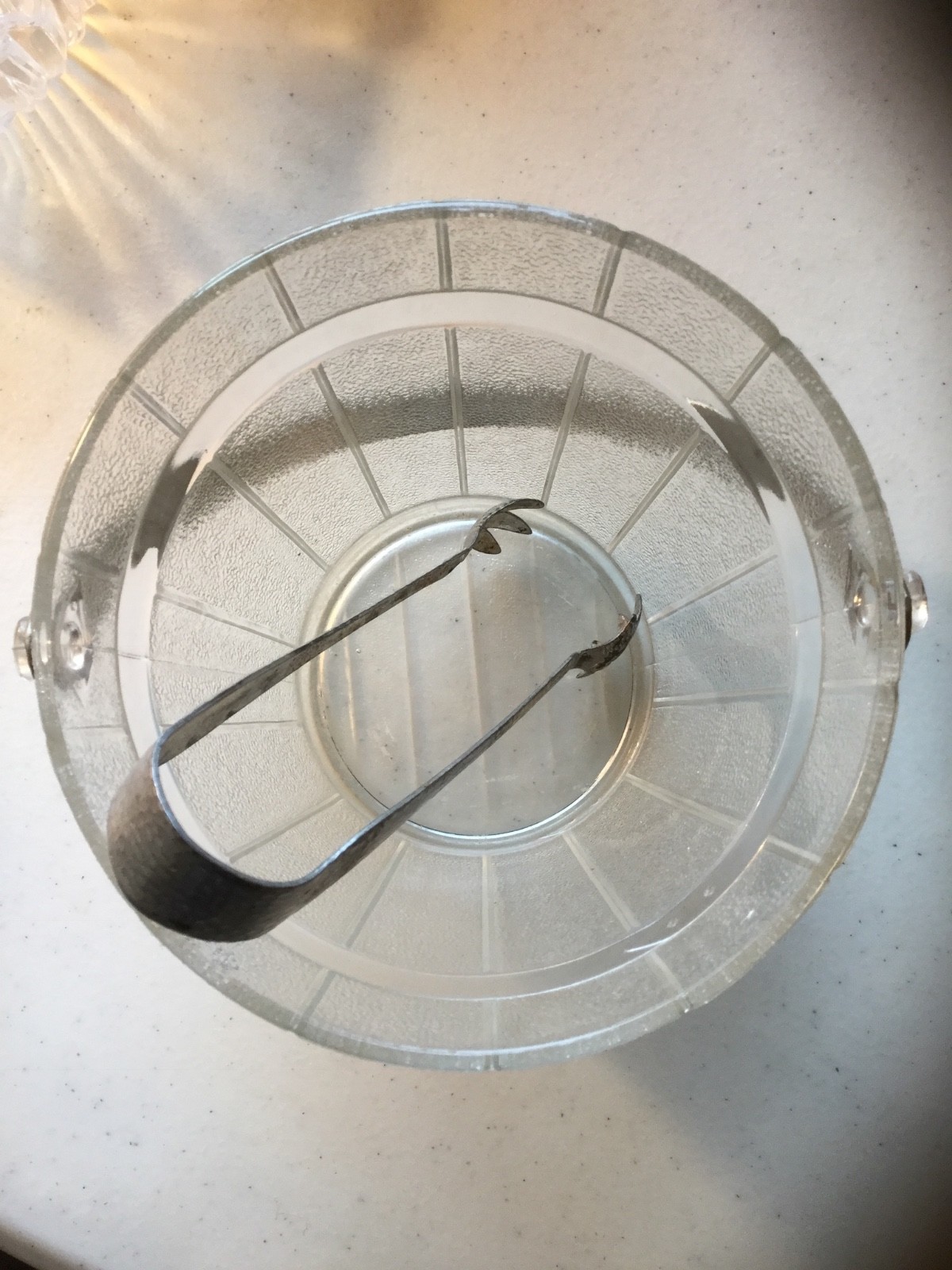 Vintage Glass Ice Bucket with Metal Handle and Tongs Oak Barrel Pattern