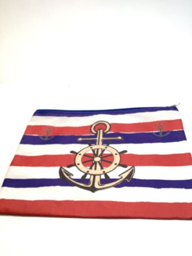 Red White & Blue Striped Anchor Design Zippered Fabric Pouch Bag 10" x 7"