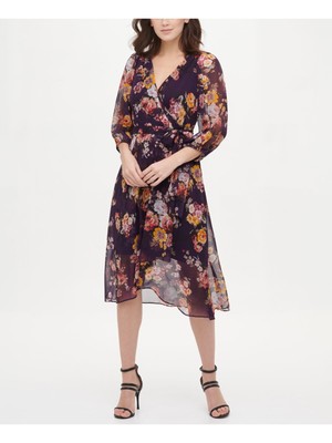 

DKNY Женское фиолетовое платье миди с цветочным принтом и рукавом 3/4, V-образным вырезом, искусственным запахом, Фиолетовый