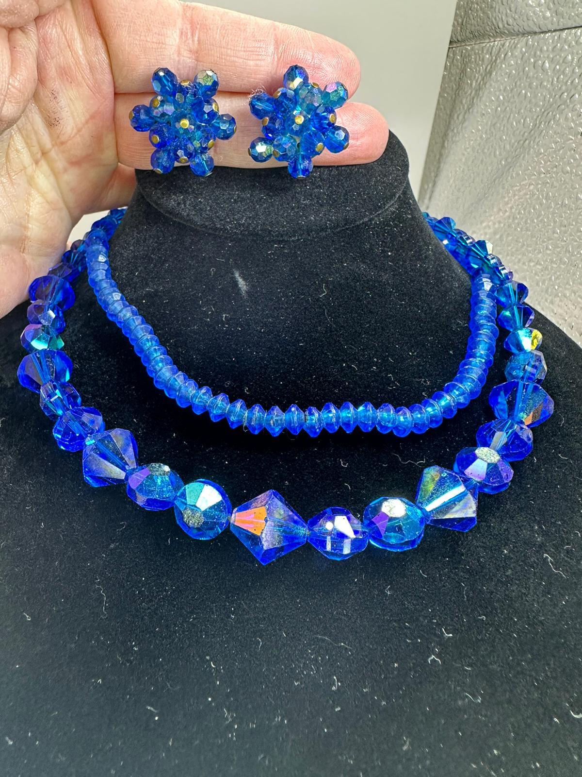 Flowers Blue Beads Vintage Beads Necklace & Earring Set M