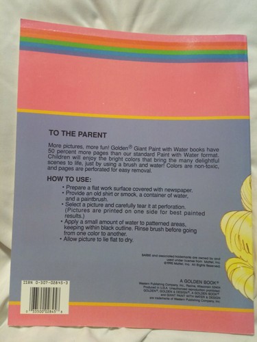 Vintage 1990 Barbie Giant Paint With Water Coloring Book by Golden New Unused