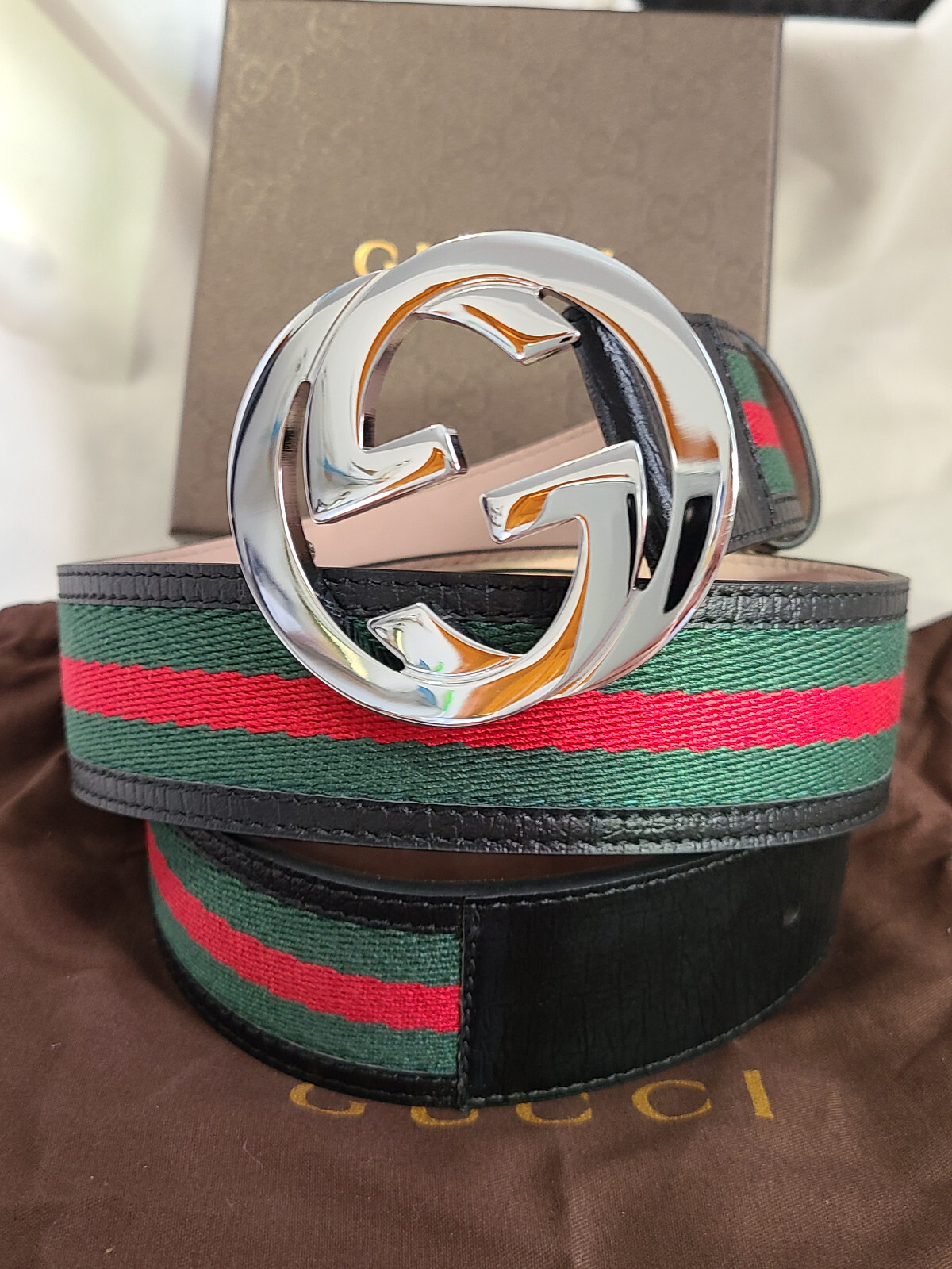 GUCCI WEB Belt Black Green Red Stripe Size 95cm Fits 32-34
