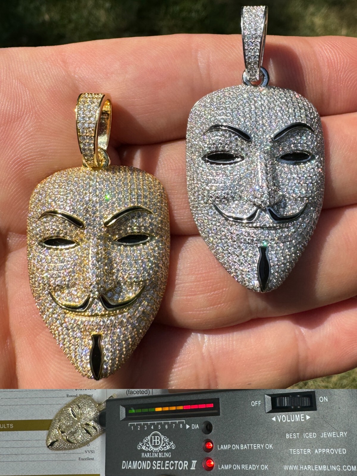 Pre-owned Hip Hop Real Moissanite V For Vendetta Mask Iced Anonymous Pendant Necklace 925 Silver In White
