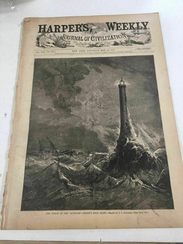 ORIGINAL HARPER'S WEEKLY NEWSPAPER,N. Y., 1875,LightHouse Wood Engraving