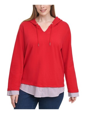 

TOMMY HILFIGER Женская красная толстовка с капюшоном с длинными рукавами и разрезом на шее, плюс, Красный