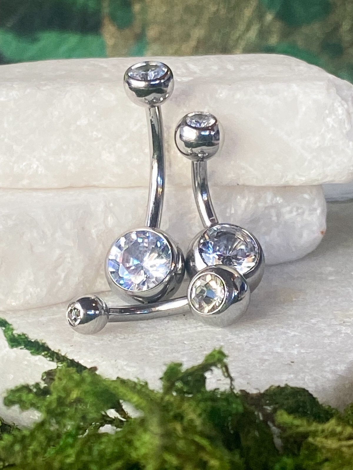 1pc 14G Surgical Steel Double Clear Gems Belly Navel Ring 1/4" 5/16" 3/8" 7/16" 