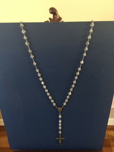 Long Vintage Diamond Shaped Glass Beads Necklace With Cross Pendant