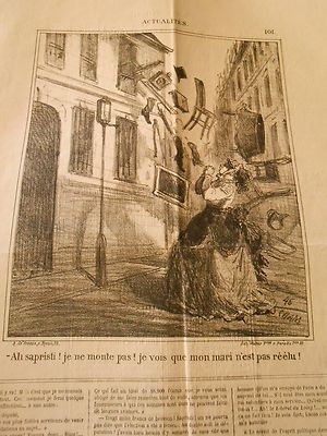 Litho Caricature 1869 - Mon mari n'est pas rééelu il jete tout par la fenêtre