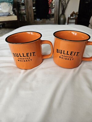 Bulleit Frontier Whiskey Bourbon Mugs Set of 2 Orange Coffee Drink Ceramic Cup