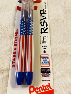 NEW Pentel RSVP Stars & Stripes Pens 2-Pack Black Fine 0.7mm Semper Fi