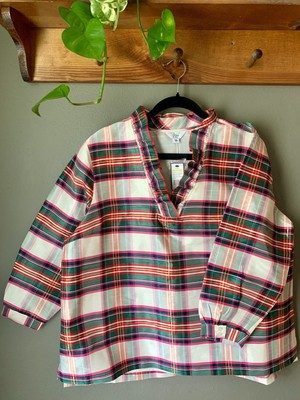 Crown & Ivy Plaid Ruffle Neck Top Gold Thread Holiday Top Button Sleeve XXL NWT