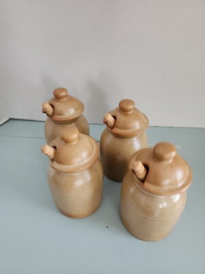 4 GRES VILLAGE FRANCE CNP Condiment Jars With Wooden Spoon Rare