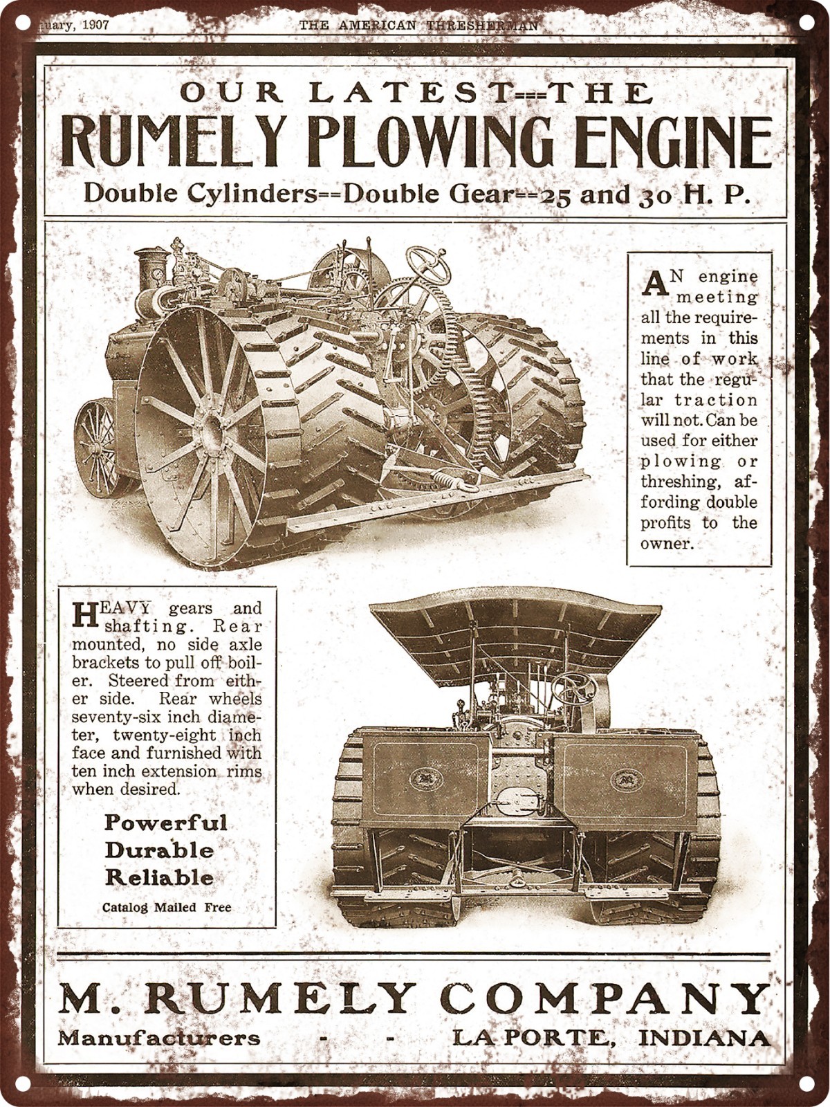 1907 Rumely Plow Steam Engine Tractor Indiana Metal Sign Repro 9x12