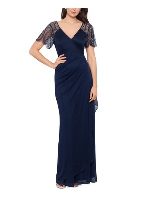 Женское вечернее платье XSCAPE с темно-синей шифоновой подкладкой и коротким рукавом в полный рост 18