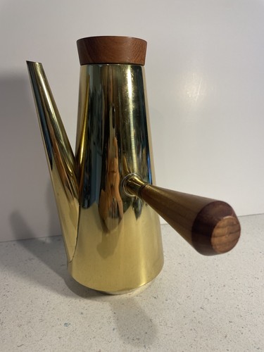 Vintage Mid Century Style Gold Tone Teapot Wood Side Handle/Cap Made In Italy