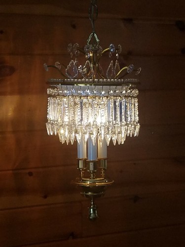 Vtg Hollywood Regency Crystal Hanging Chandelier Swag Light/Lamp