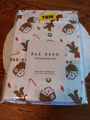 Rae Dunn Gingerbread House Candy Cane Peppermint Christmas Twin Sheet Set NEW