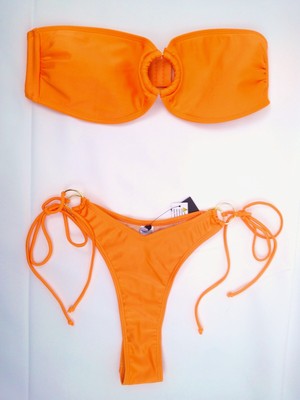 Forplay 2 pc Swimsuit Orange Ring Bikini Strapless Top and Cheeky Bottom Sz L