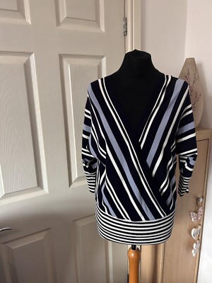 Oasis Size M Jumper Womens Stripe Smart  V Neck Blue 3/4 Sleeve BNWT RRP £38