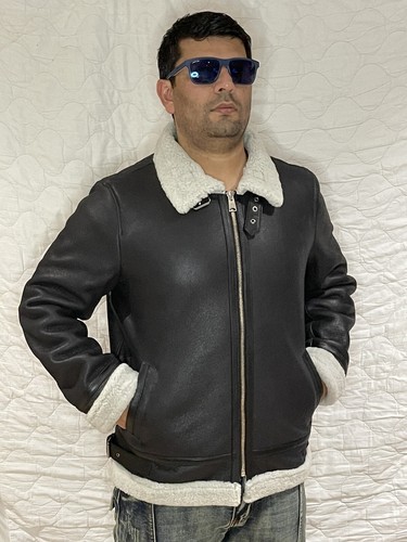 B3 Men 100% Sheepskin Shearling Leather Aviator Bomber Jacket Lambskin Coat USA