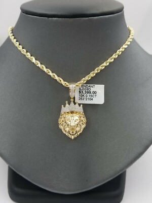 Pre-owned Globalwatches10 Real 10k Yellow Gold Lion Head 1.5" Charm Pendant With Genuine Diamonds