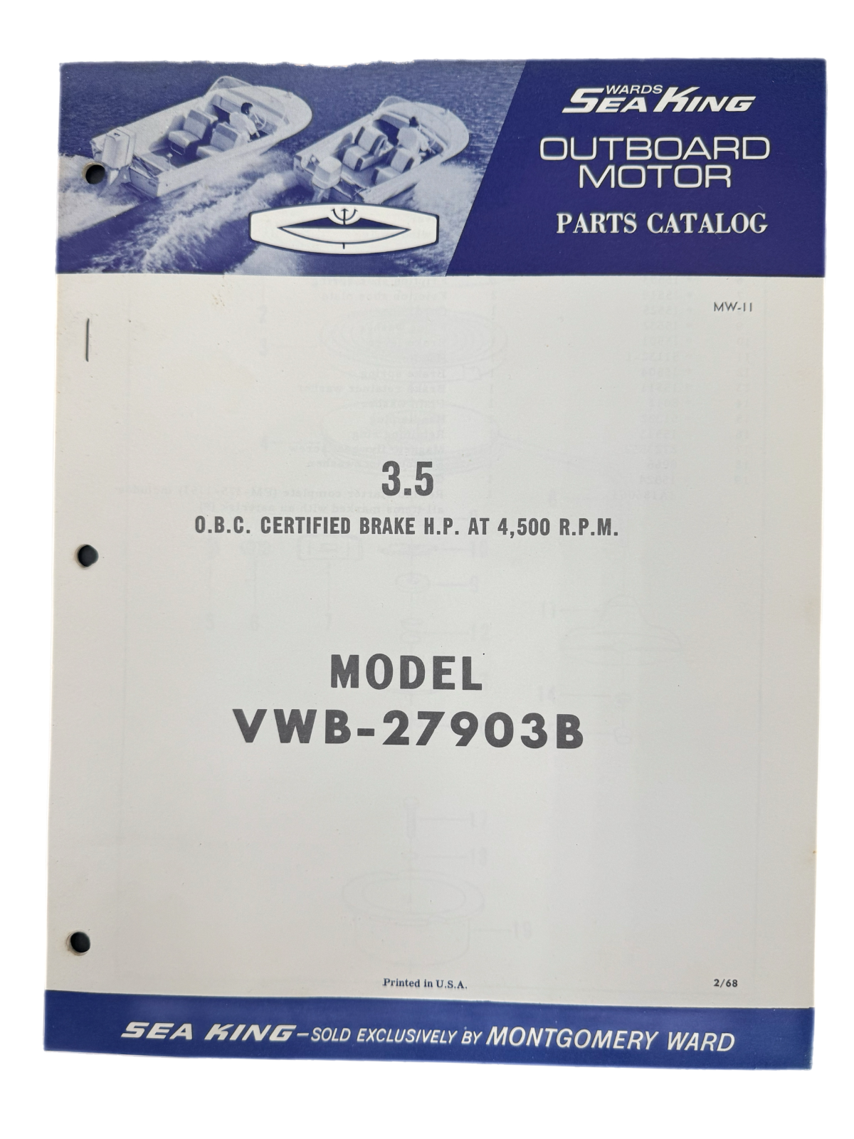 2/68 Wards Sea King Outboard 3.5H.P  Model VWB-27903B Parts Catalog MW-11