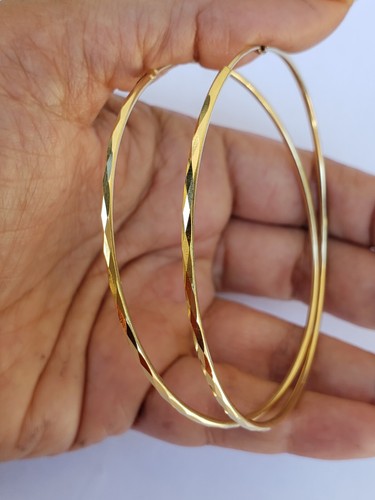 Pre-owned Handmade Big Large Diamond Cut Real 14k Yellow Goldhoop Earrings 2.75 Inches 70mm Long