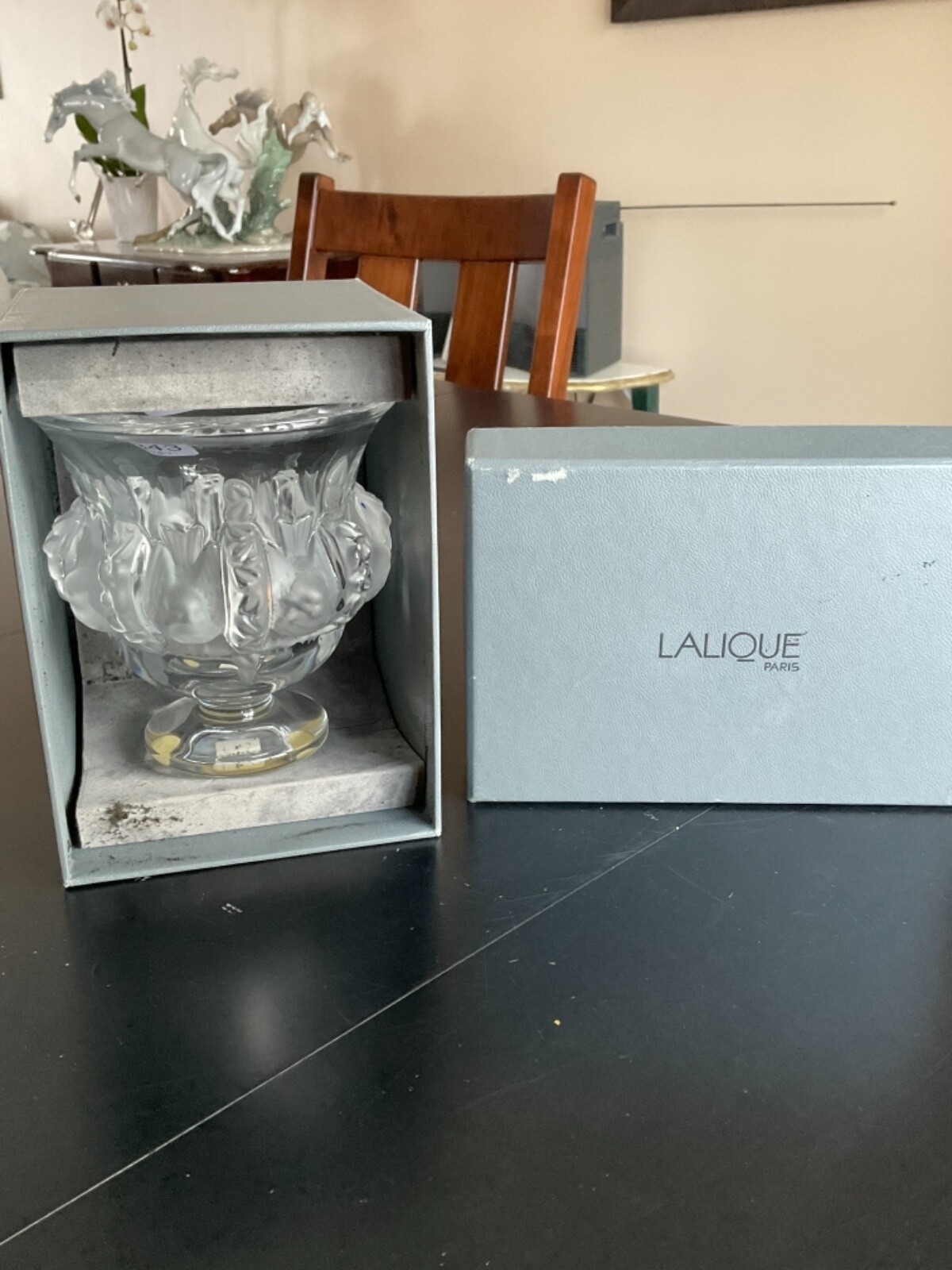 Vintage Lalique Dampierre Sparrow Crystal Clear/Frosted Glass Vase, Ret