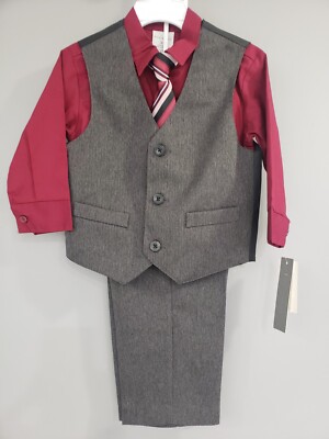 NEW Perry Ellis Boys Size 2T Four Piece Gray Vest Shirt Tie & Pants Set Suit