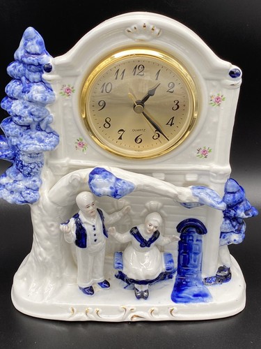 VTG  Golden Years Porcelain Quartz Mantel Shelf Clock Limited Edition Blue White