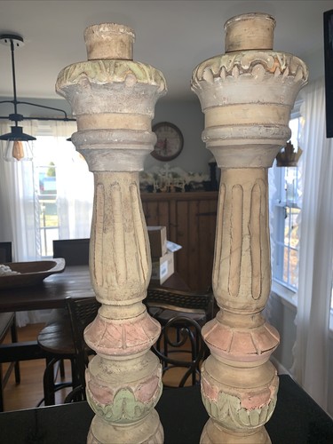 Pair Of Rustic Wood Pillar Candle Holders, Vintage Farmhouse, Distressed Pastel