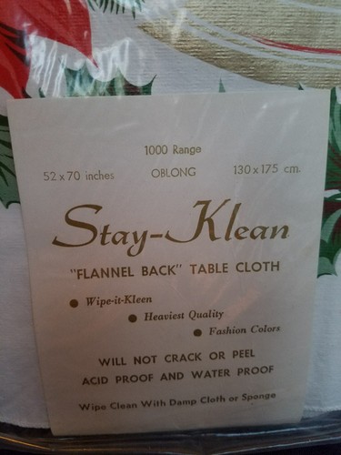 VTG NOS Flannel-Back Vinyl Christmas Tablecloth 52x70 Holly Candles Ornaments