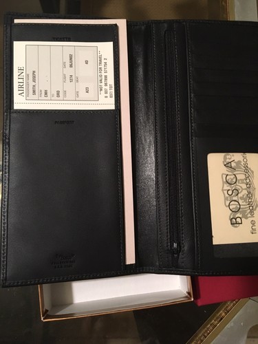 Bosca Black Leather Flight Attendant Travel Organizer Tickets Passport Wallet