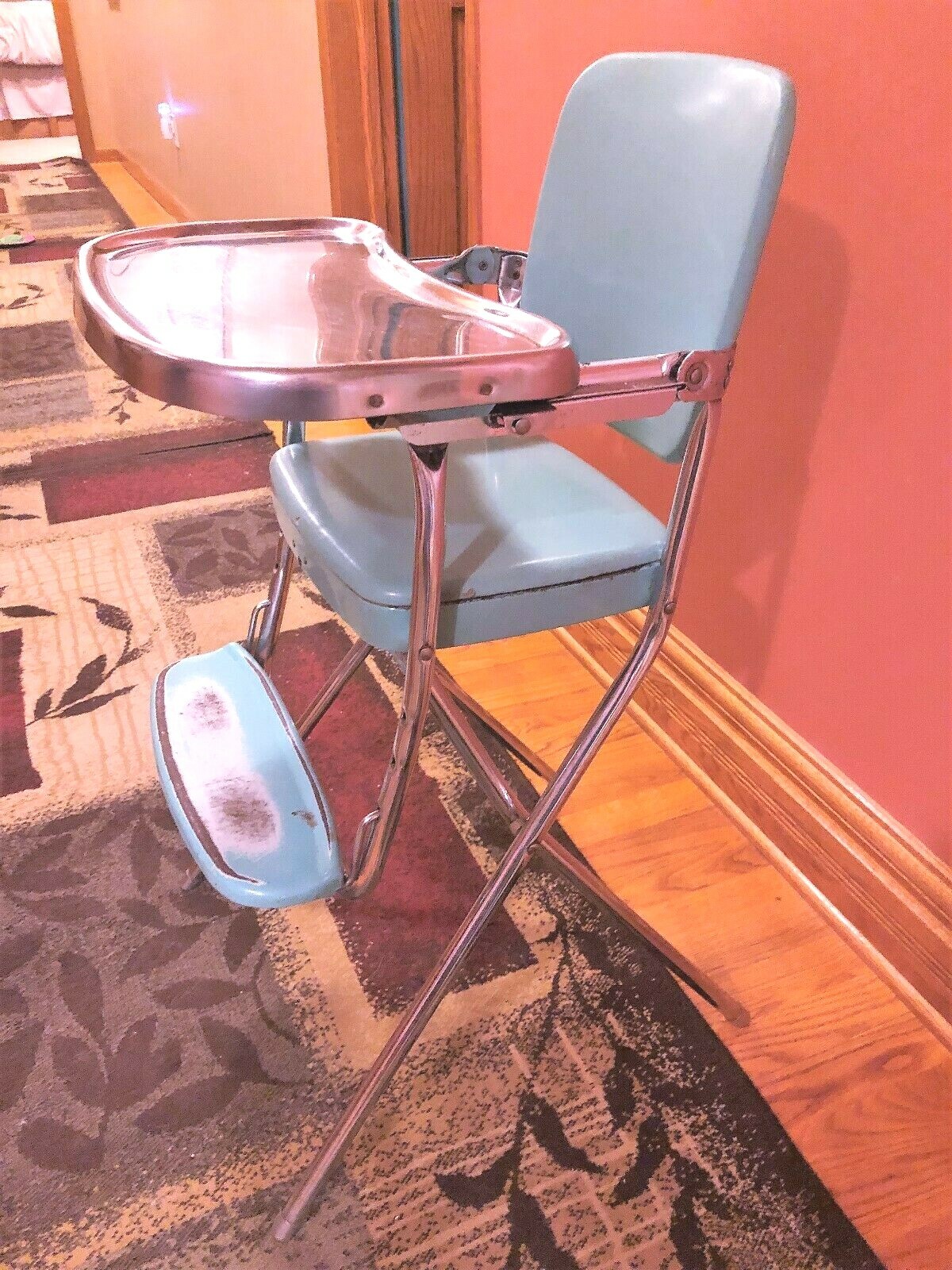 Vintage Antique TURQUOISE COSCO Baby Child's HIGH CHAIR Metal Vinyl Chrome 1950s