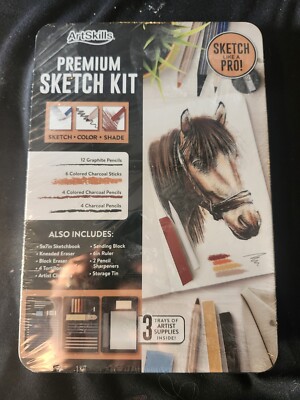 Art Skills PREMIUM SKETCH KIT in Metal Box 3 Trays of Artist Supplies NEW IN BOX