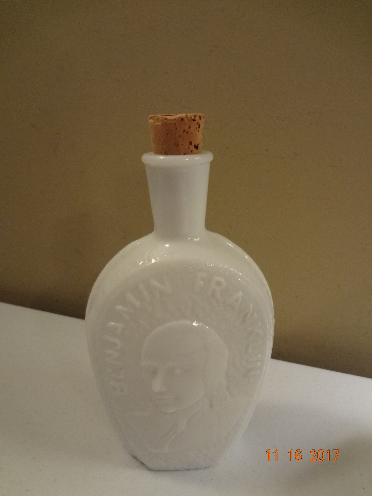 Vintage Wheaton Glass House Benjamin Franklin White Glass Bottle