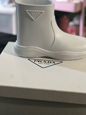 All White Prada Mellow Rubber Rain Boots 38
