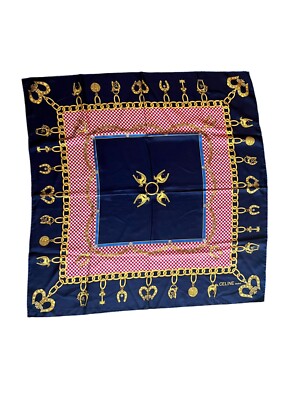 CELINE Paris Silk Scarf Horses Red Navy Blue