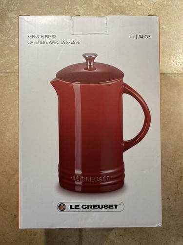 "Vapeur" LE CREUSET 34 Oz Large French Coffee Press NWT Stoneware Light Gray