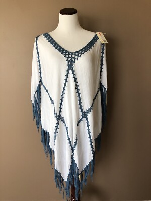 Beach By Exist Hand-Made White Swim Cover Up Crochet Fringe Trim L/XL NWT