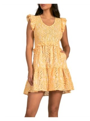 Женское желтое платье ELAN Womens с многоуровневым развевающимся рукавом и V образным вырезом для маленьких кукол S