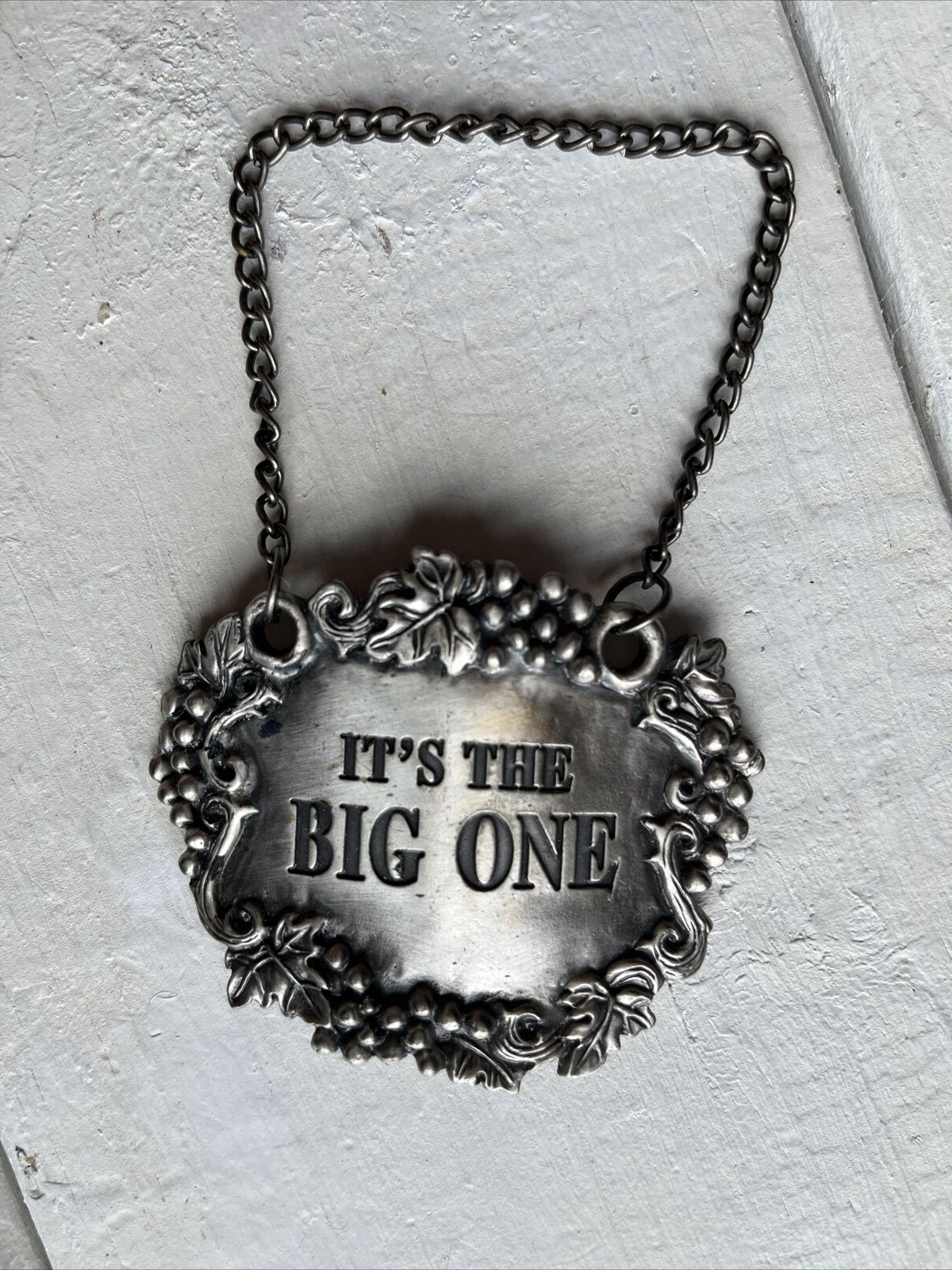 Vintage Ganz Pewter Liquor Decanter Bottle Label Tag Chain IT'S THE BIG ONE